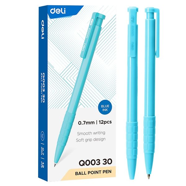 Deli Retractable Ballpoint Pen 0.7mm Blue Ink Solid Blue Barrel 12 PCS