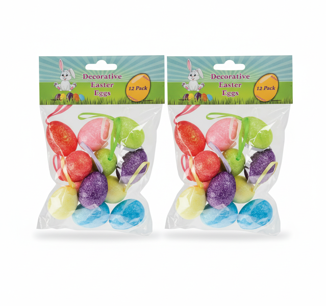 Glitter Easter Eggs with Ribbon - 12 Piece Decorative Ornaments - 2 Pack