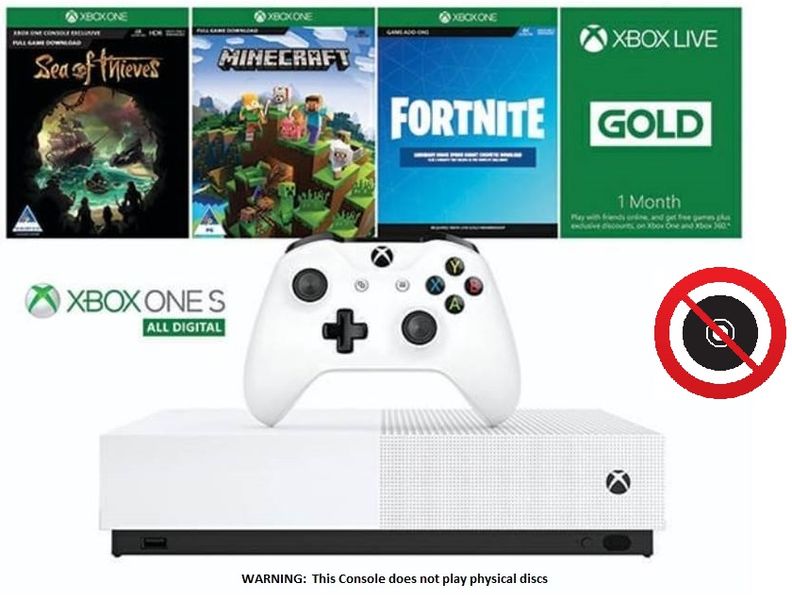 Xbox One S All Digital Console + Sea of Thieves + Minecraft+ Fortnite + 1 Month Live (Xbox One Digital)