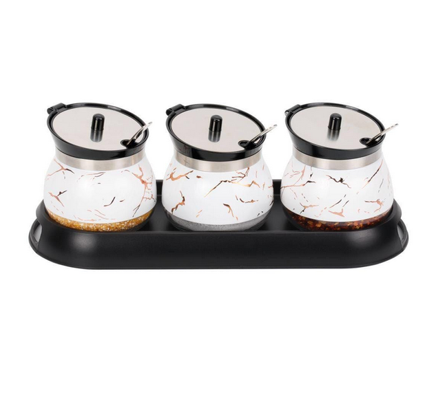 3 Piece White Marble Condiment Set