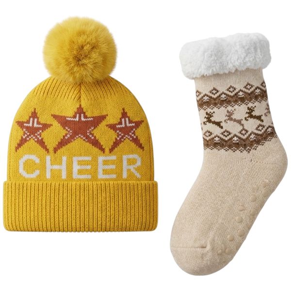 3 pieces Kids Soft Thermal Warm Winter Cheer Beanie &amp;Winter Socks Gift Set