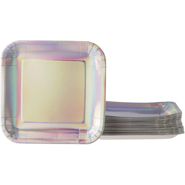 Topika-48Pcs Silver Iridescent Square Paper Plate Disposable Party Supplies