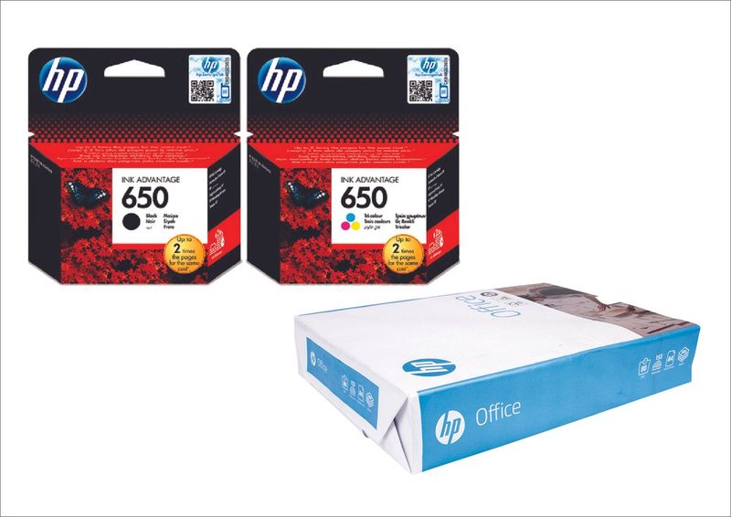 HP 650 Black &amp; Color Ink and Paper Bundle