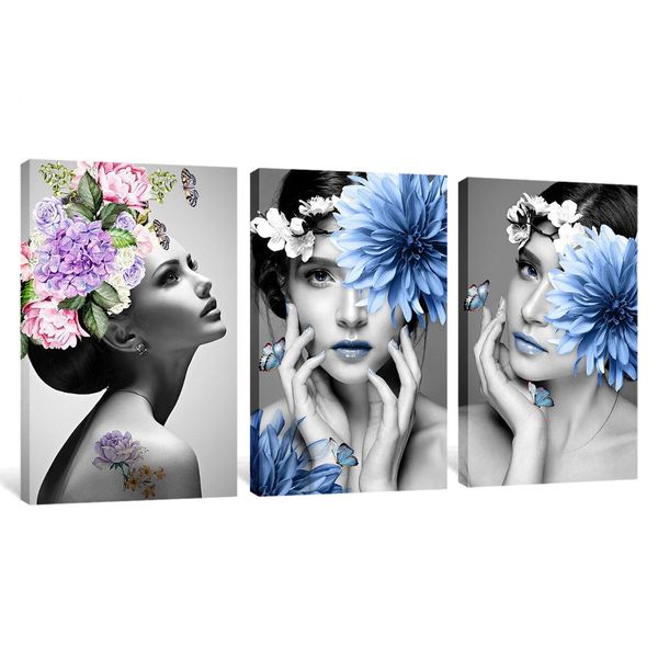 Modern Nordic 3-Piece Flower Woman Canvas Print Wall Art Decor