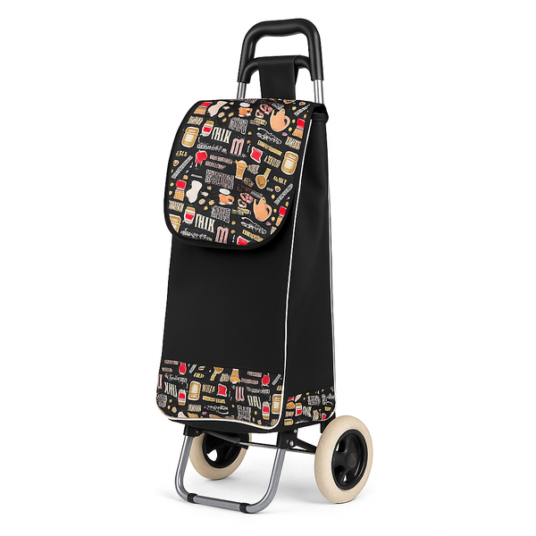 Foldable Shopping Trolley Bag with Print - Heavy-Duty Two-Wheel Cart