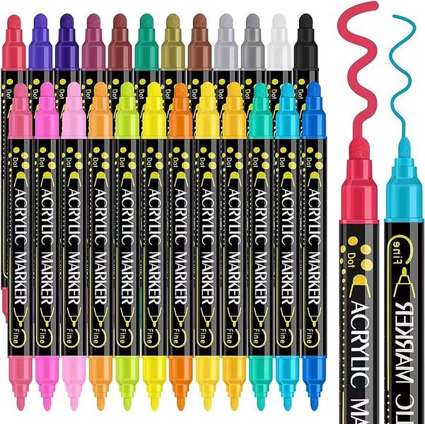 24 Acrylic Paint Markers for Rock Fabric, Wood, Glass, Craft- Dual-Tip Pens