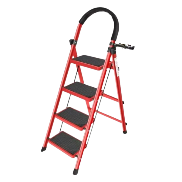 Round Headed 4 Step Ladder,Folding Step Stool,with Safety Buckle Tool Rack