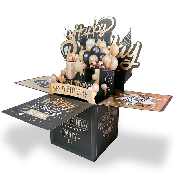 3D Pop-up Birthday Card Set - Elegant Black &amp; Gold Card for Him or Her
