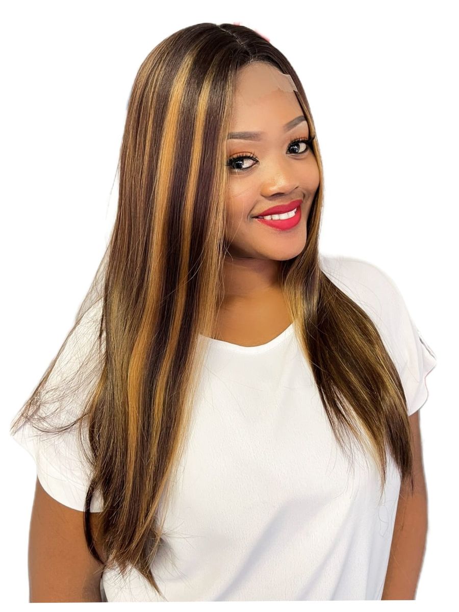 Synthetic 30 Inch Straight Wig Brown with Blonde Highlights Buy