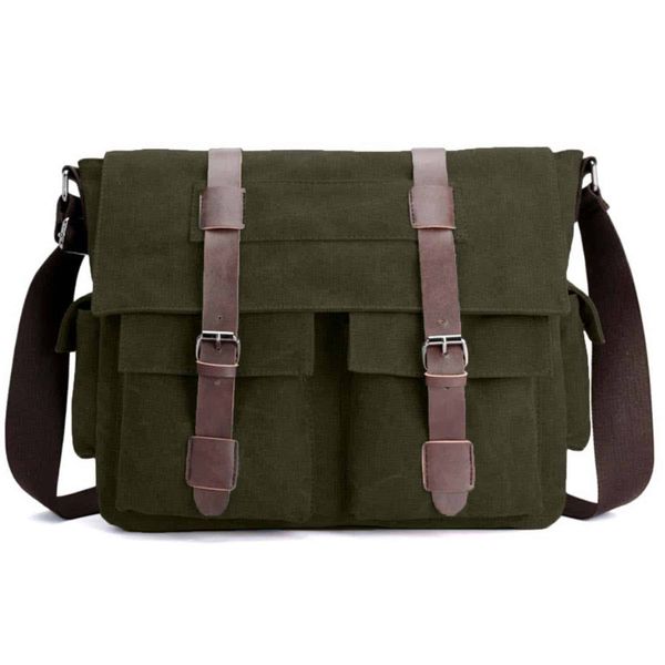 Vintage Military Canvas Messenger Crossbody Laptop Bag with Leather Trim