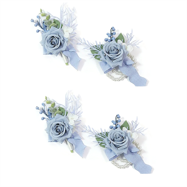 4PCS Dusty Blue Corsage and Boutonniere Set, Wrist Corsage Bracelets