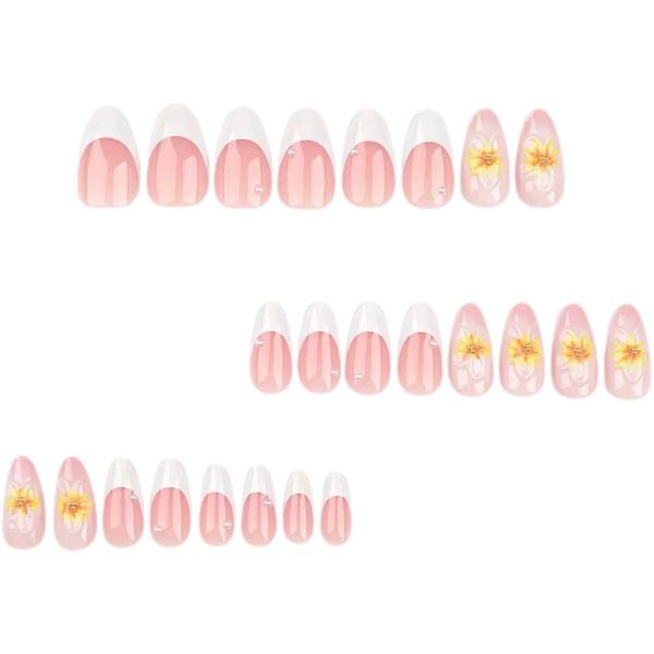 Floral Press On Nails White French Tip Fake Nails with Pearl Design