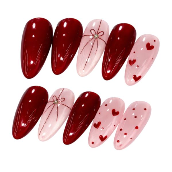 10 Piece Press-On Nail Set - Glossy Red &amp; Blush Pink Heart Design