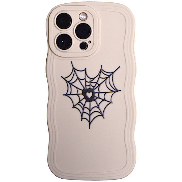 Beige - Phone Case with Wavy Edge &amp; Web Heart - Iphone 15 Pro Max