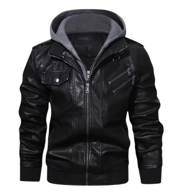Men's Black Double Zipper Hooded PU Leather Jacket