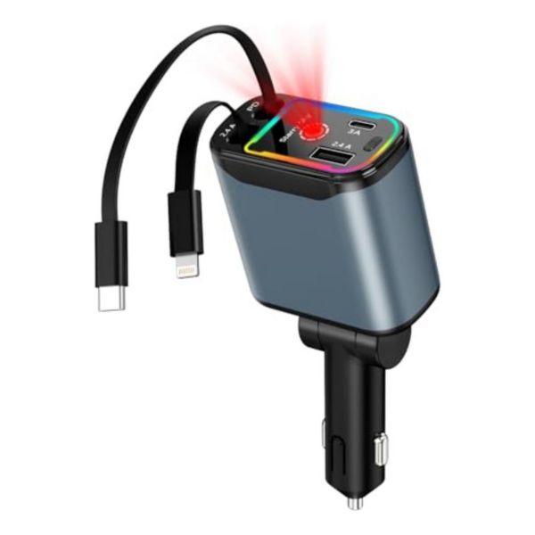 66W Car Charger with Starry Light, 4-in-1 Retractable Fast Charging Cable