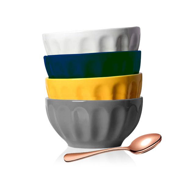 Set of 5 - Premium Porcelain All Purpose Beautiful Color Bowls with Spoon