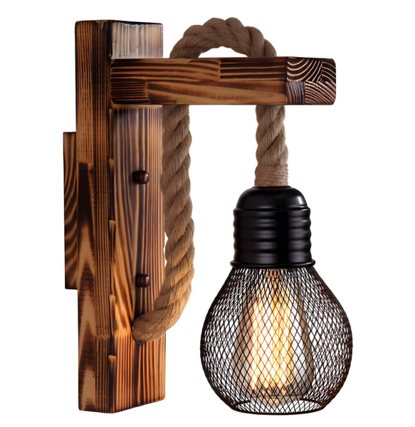 Industrial Style Wooden Wall Light With Hemp Rope