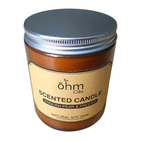 OHM Soy Wax Aromatherapy Oil Candle - English Pear &amp; Freesia Scented - 210g