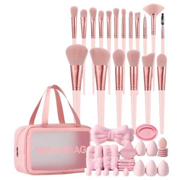 43 Piece Makeup Brush Set With Beauty Sponges &amp; Makeup Travel Bag - Pink