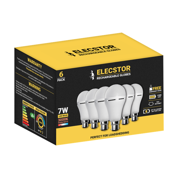 Elecstor 7W B22 Rechargeable Globe 1200mah - A60 Warm White 6 Pk