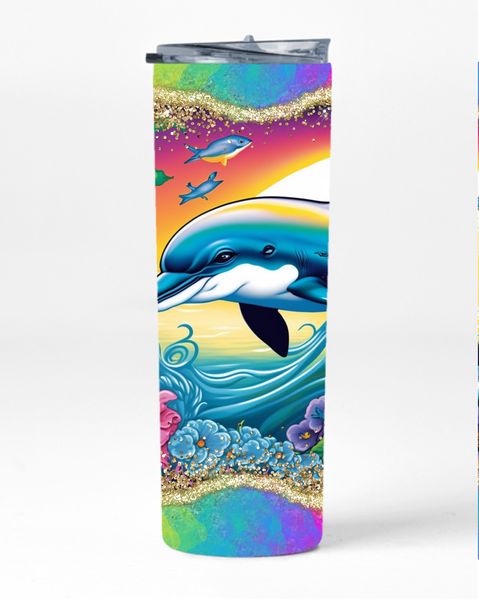 Sea Dolphin Neon 20oz Insulated Skinny Tumbler Sublimated With Straw 007