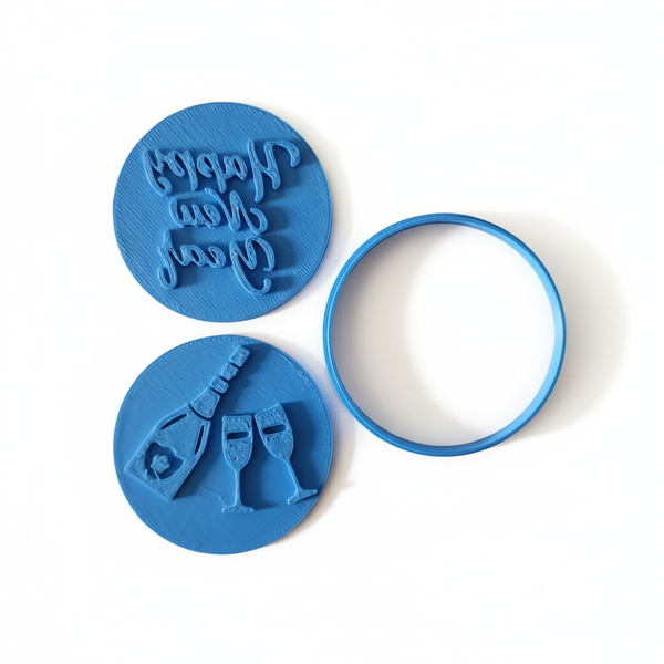 Happy New Year Fondant Stamp &amp; Cutter Set - Champagne &amp; Glasses Design