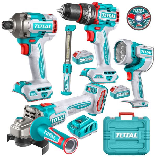 Total Tools - Cordless Drill, Driver, Angle Grinder, Work Lamp &amp; Lights Set