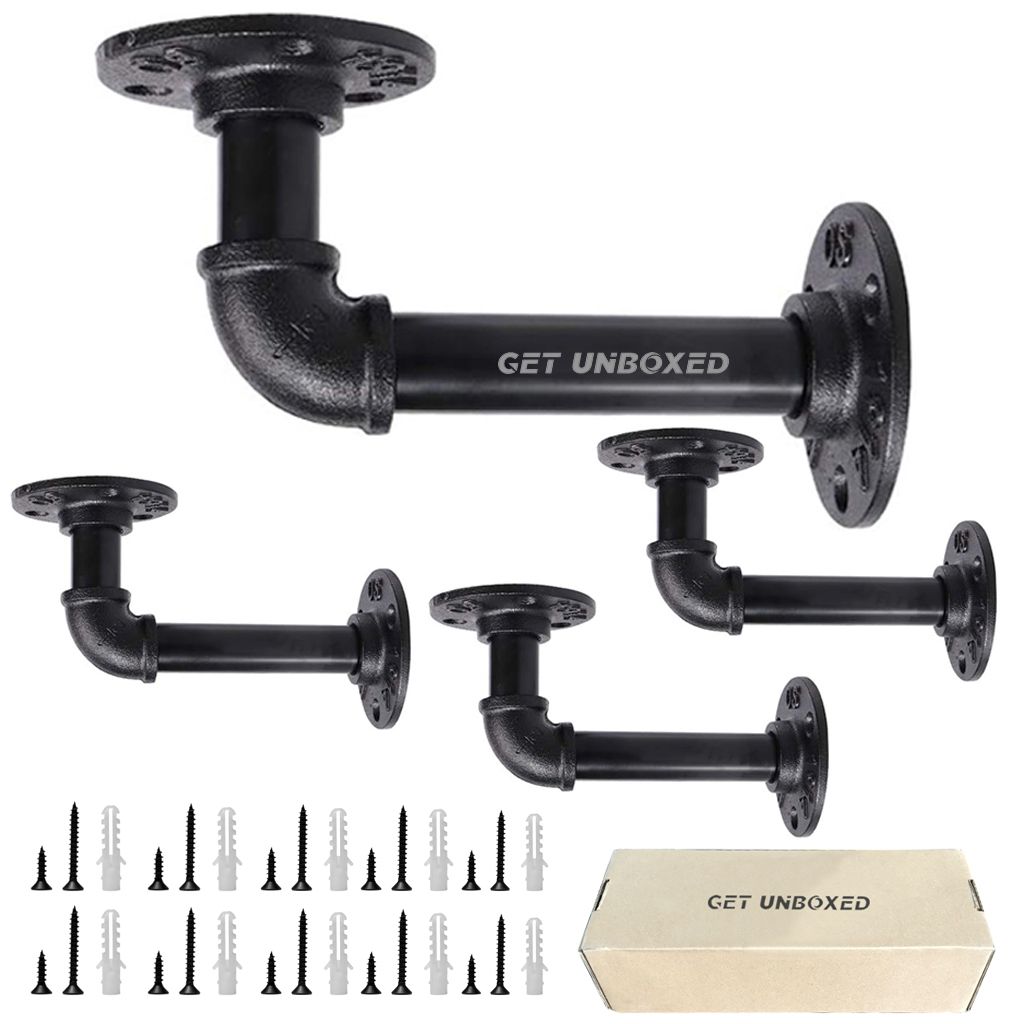 GET UNBOXED Industrial Pipe Iron Wall Mount Floating Shelf Bracket (4 Pack)