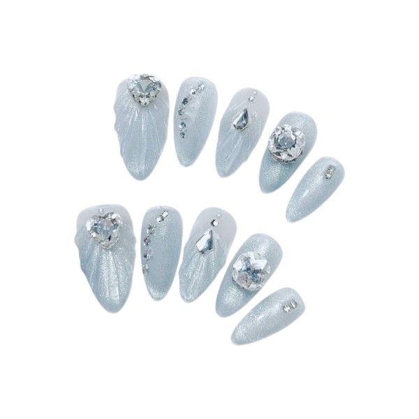 10-Piece Handmade Press-On Nails With Rhinestone Charms - Blue - S