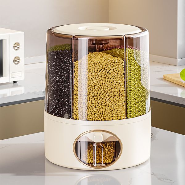 6 Grid Round Rotatable Grain Dry Food Storage Container 28cm - Transparent