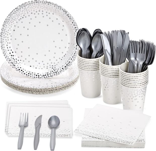 144 Piece Gold/Silver Paper Party Plates, Cups, Napkins &amp; Cutlery Set