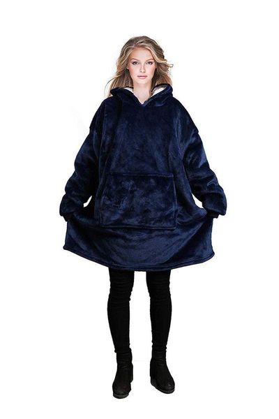 Hoodie, Ultra Plush Blanket, One Size Fit All - Navy Blue