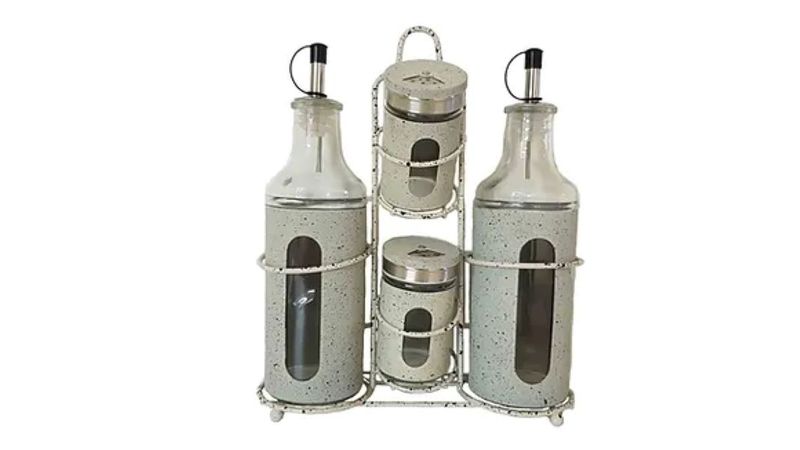 4 Piece Metal &amp; Glass Condiment Set with Window - Beige