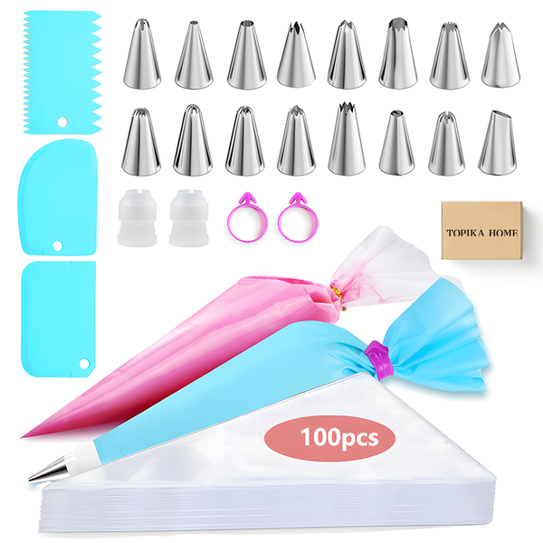TopikaHome - 124-Piece Cake Decorating Supplies Kit with Piping Bags &amp; Tips