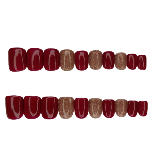 Luxury Press On Nails - Short Square Maroon &amp; Glitter Set - 20 Piece