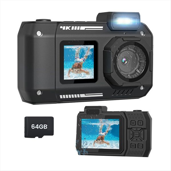Waterproof Camera 4K 65Mp Underwater Camera With 64G Card Black