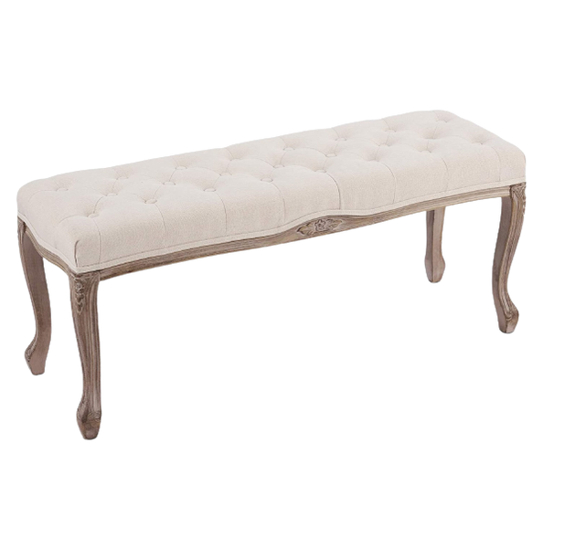 Extra-Long French Vintage Bench with Padded Seat &amp; Rubberwood Legs