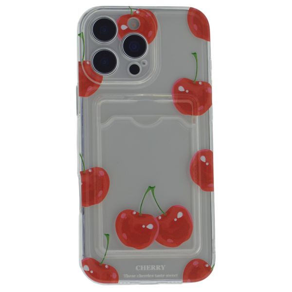 Clear Cherry Print Phone Case With Card Holder - Compatibe With iPhone