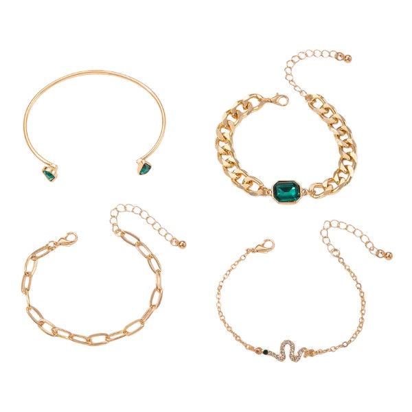 4 Piece Emerald Encrusted Multi-layer Bracelet Set - Gold/Green