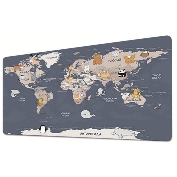 World Animals Map Large Gaming Mouse Pad, Desk Mat with Seamed Edges
