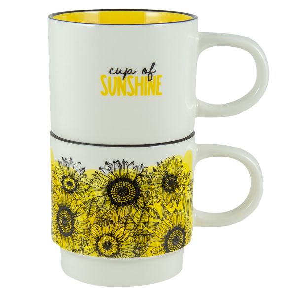 Mug Set - Cup Of Sunshine, Stackable, Two Piece, Sunflowers
