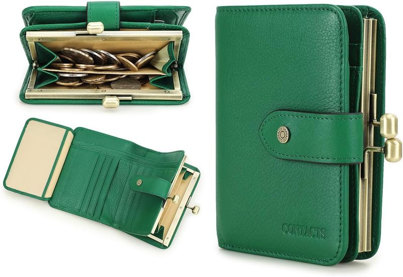 Women's Wallet RFID 11 Card Slots Bi-Fold Leather Clutch Green 1 piece