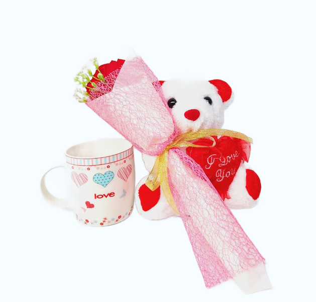 Valentine Love Teddy Bear, Rose &amp; A Mug Gift Pack