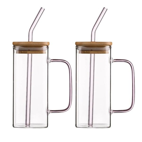 2-Pack 400ml Glass Tumbler Set with Glass Straw &amp; Bamboo Lid