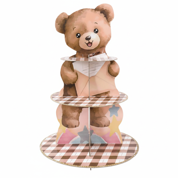 3-Tier Teddy Bear Theme Birthday Cupcake Stand - Brown