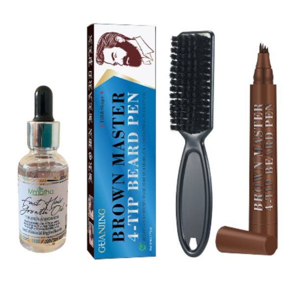 Brown Master 4-Tip Beard Pen With Beard Brush &amp; Hair Growth Oil