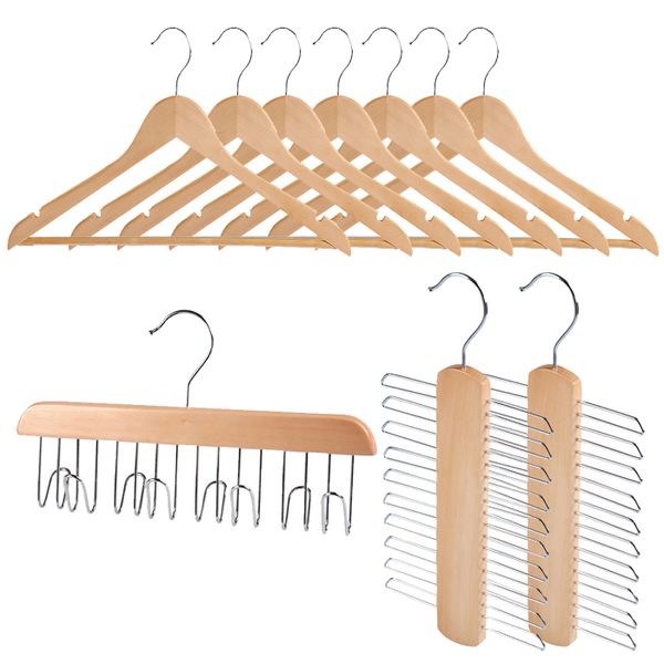 Anchor Wood Tie Hanger Belt &amp; Wooden Hanger with Non-slip Bar - 10 packs