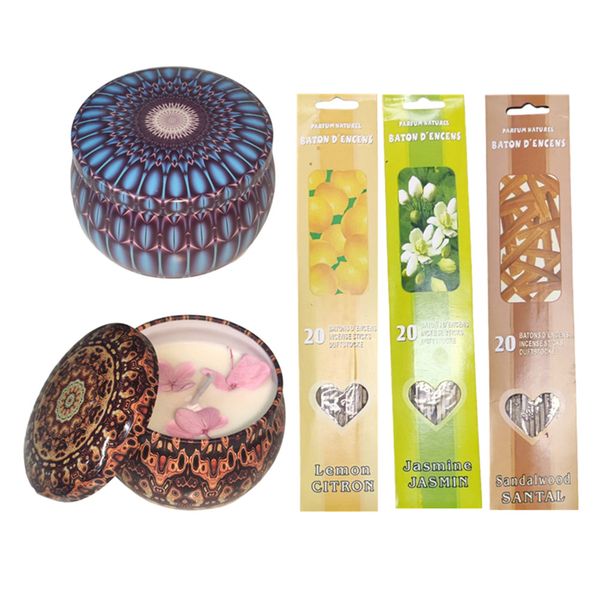 2 Scented Candles with 60 Incense Sticks Gift Pack