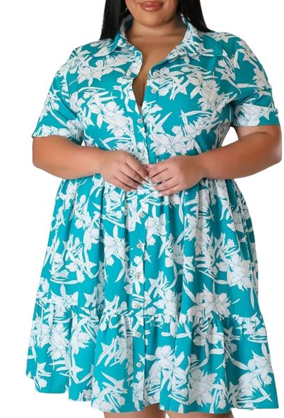 Plus Size Floral Short Dress Green And White Upto 5XL